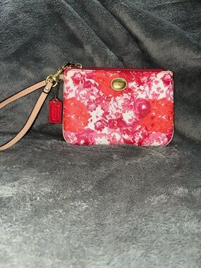 Coach Pink & Coral Floral Leather Wristlet with Gold Hardware